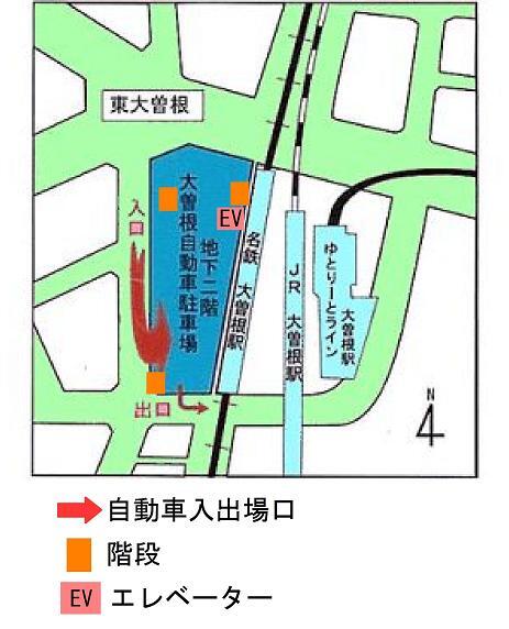 イラスト:名古屋市大曽根駐車場の入出場口、階段、エレベーター