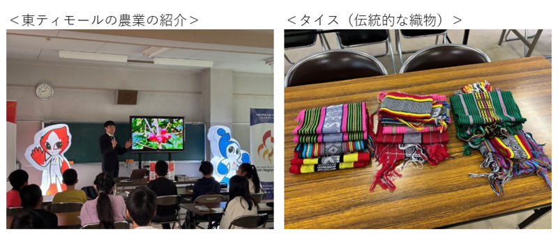 左　東ティモールの農業を紹介する講師、右　タイス（伝統的な織物）