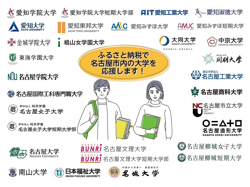 イラスト:対象大学のロゴと大学生