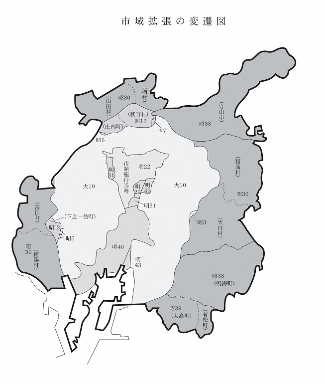 地図:市域拡張の変遷図(全体)