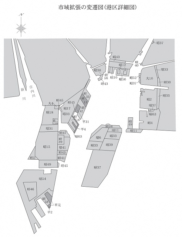 地図:市域拡張の変遷図(港区詳細図)