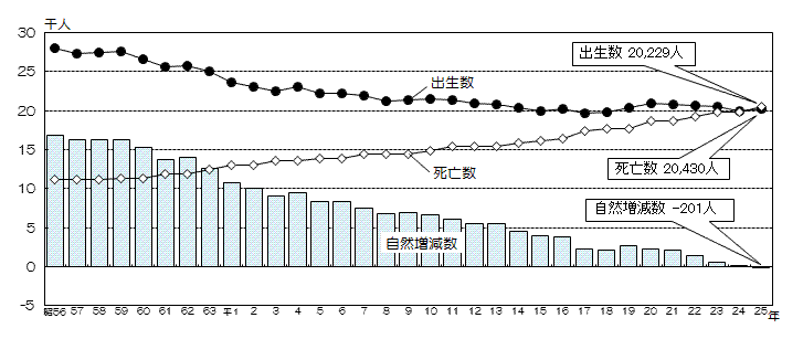 昭和56年以降の本市の出生数と死亡数の推移の折れ線グラフと自然増減数の推移の縦棒グラフ
