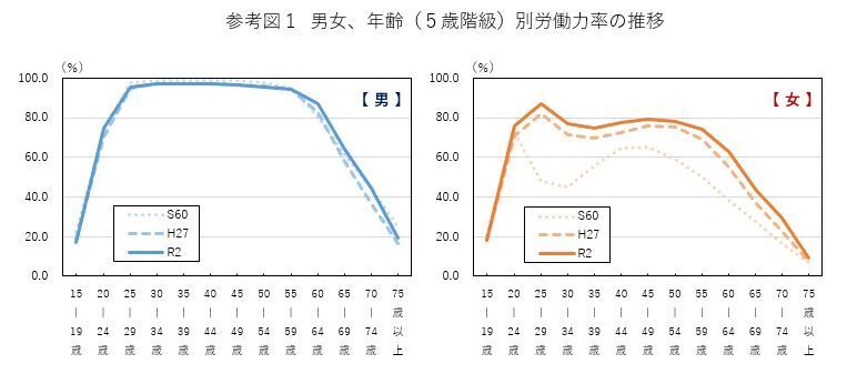 男女別、年齢5歳階級別労働力率を表したグラフ