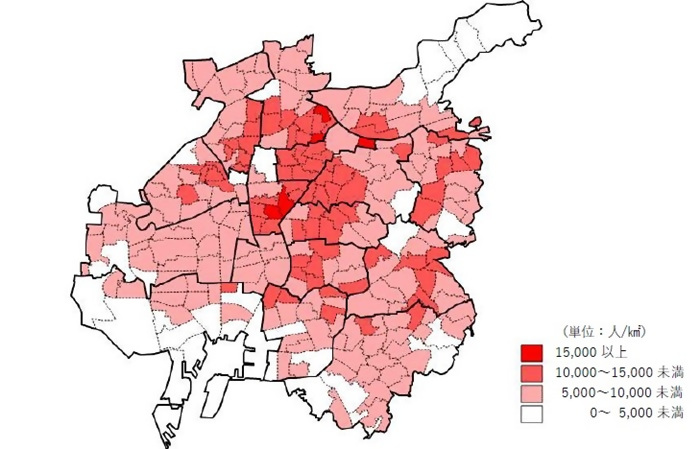 名古屋市の学区別に人口密度を色分けで表示した地図