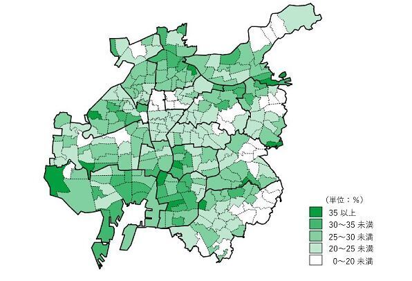名古屋市の学区別に高齢化率を色分けで表示した地図