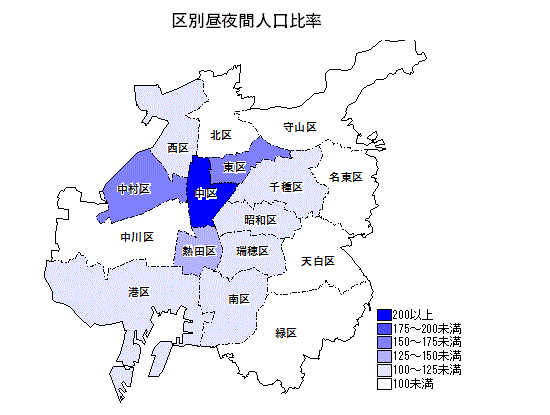 区別の昼夜間人口比率を表した地図