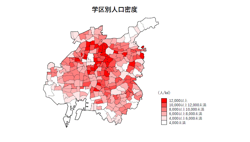 名古屋市の学区別に人口密度を色分けで表示した地図
