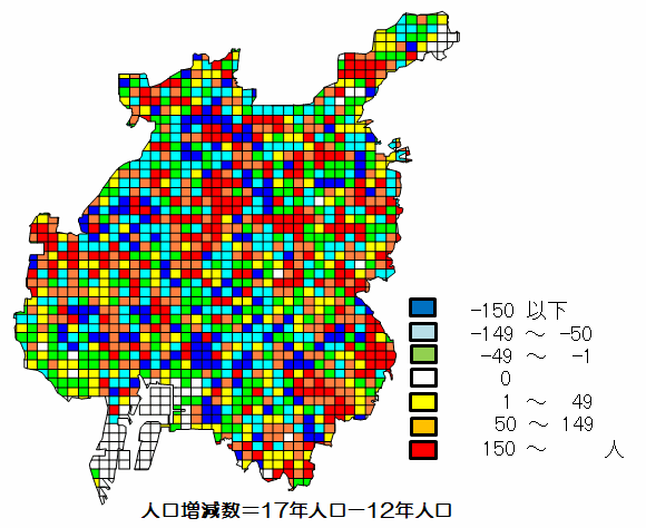 イラスト：人口増減(平成12年から17年)メッシュ階級マップ