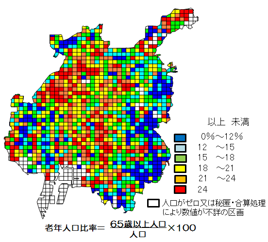 イラスト：老年(65歳以上)人口比率メッシュ階級マップ