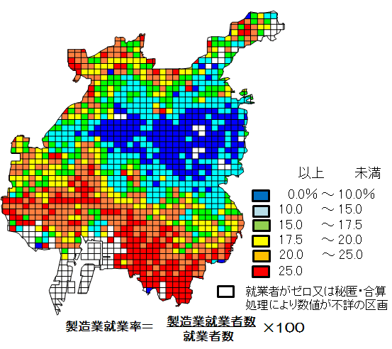 イラスト：製造業就業率メッシュ階級マップ