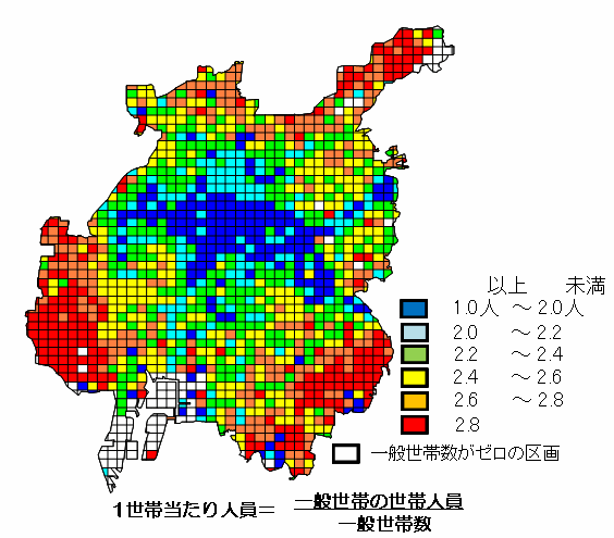 イラスト：1世帯当たり人員メッシュ階級マップ