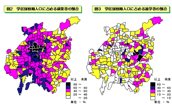 図2　学区別昼間人口に占める就業者の割合のイラスト　図3　学区別昼間人口に占める通学者の割合のイラスト