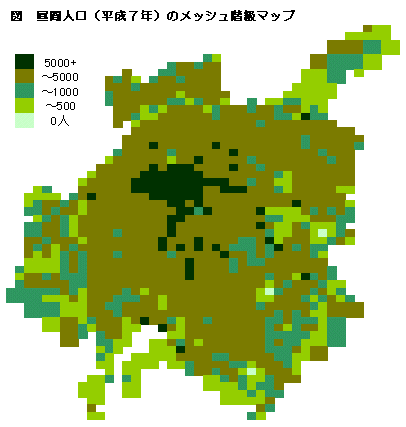 地図：昼間人口(平成7年)のメッシュ階級マップ