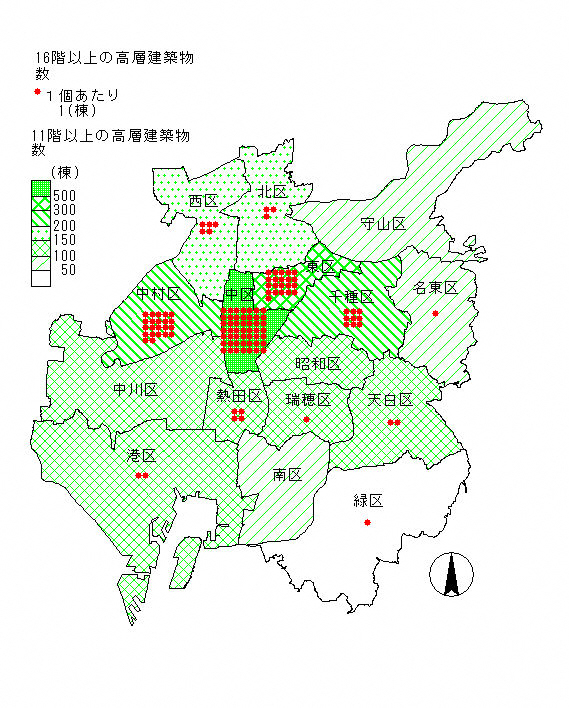 名古屋市内の高層建築物数を表示した地図