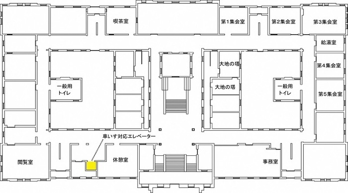 イラスト：2階平面図(車いす対応エレベーターの位置を示している)