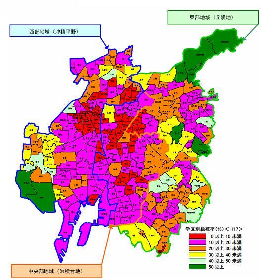 地図:名古屋市域の学区別緑被率