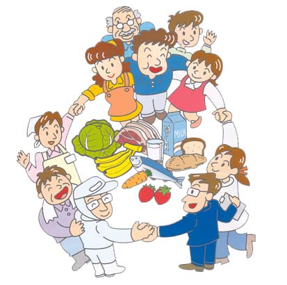 イラスト：市・事業者・消費者が一体となって食の安全・安心の確保に向けて取組むイメージ