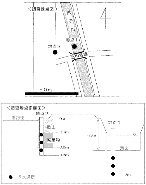 イラスト:表1の調査地点・調査地点断面図