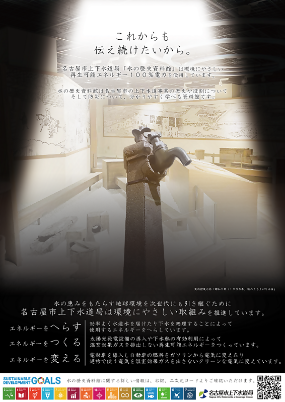 写真:水の歴史資料館で使用する電力が再生可能エネルギー100%であることのポスター