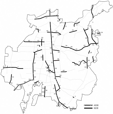 地図:A区間6区間及びB区間65区間を示した第3次優先対策マップ