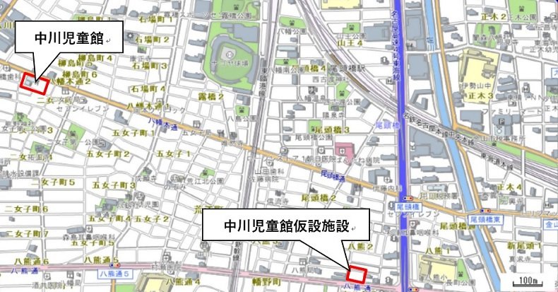 中川児童館と仮設施設の場所を示す地図