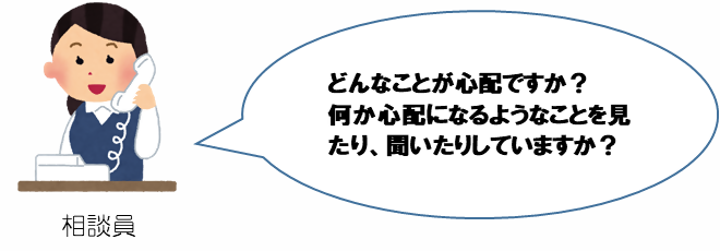 イラスト:相談員 どんなことが心配ですか。何か心配になるようなことを見たり、聞いたりしていますか。