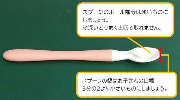 写真:スプーンのボール部分は浅いものに。幅はお子さんの口幅3分の2より小さいものを選ぶ。