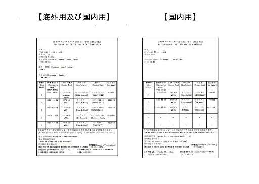 写真：ワクチン接種証明書の見本