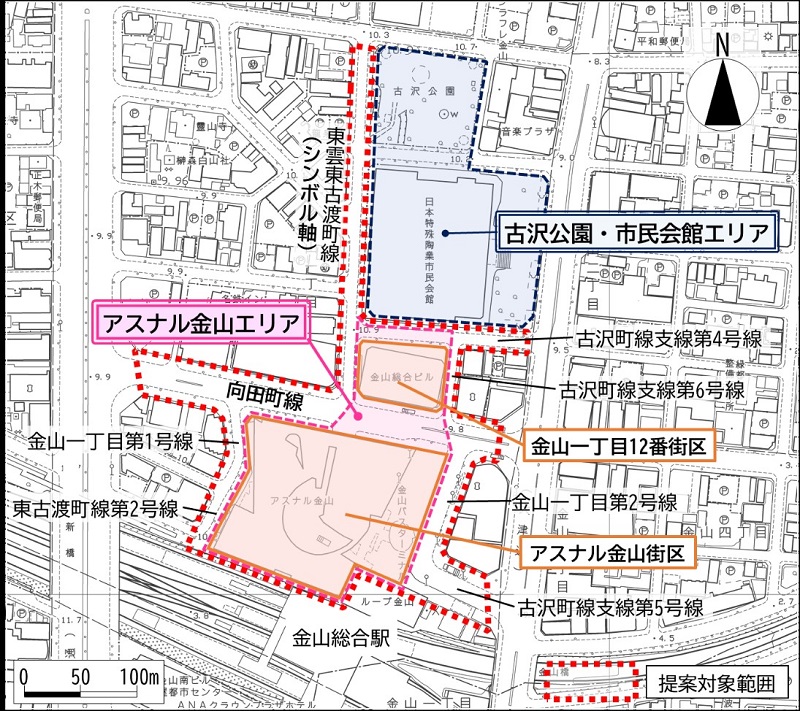 地図:アスナル金山エリアを含む提案対象範囲