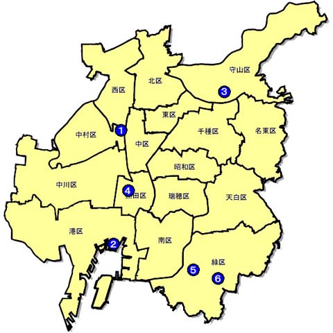 地図：名古屋市施行市街地再開発事業位置図
