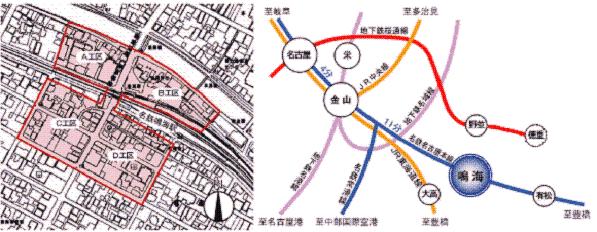 イラスト:再開発の区域図および鳴海の交通アクセス図