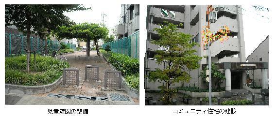 写真：当事業で整備した施設（児童遊園の整備、コミュニティ住宅の建設）