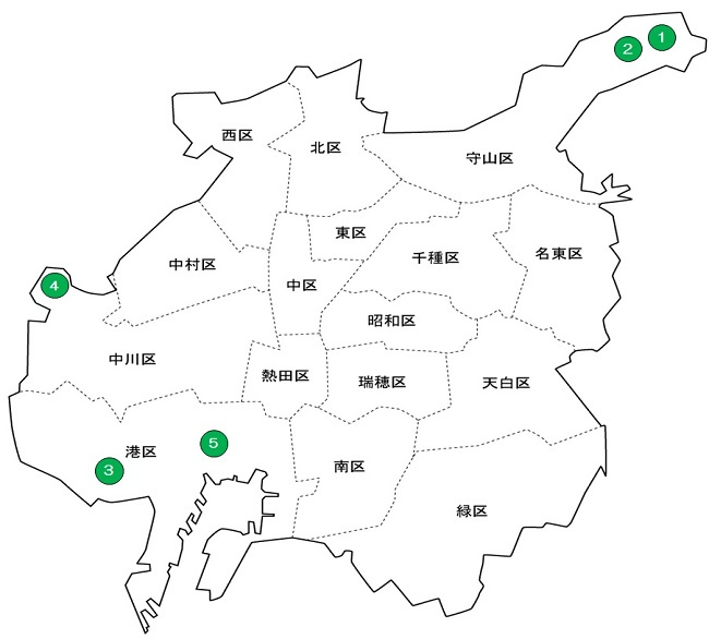 地図：名古屋市内で施行中の組合土地区画整理事業の位置図