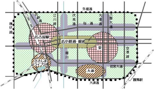 地図:「名古屋駅・栄(中心核)大須・ささしまライブ24(連携核)広小路通(連携軸)」区画図