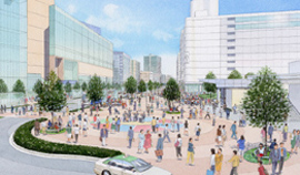 イラスト:シンボル性の高いまちなみとにぎわい空間のイメージ