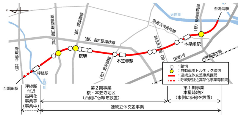イラスト：立体交差化区間の踏切箇所などを示した概要図