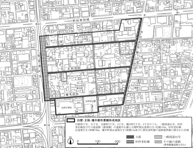 白壁・主税・橦木都市景観形成地区の区域図