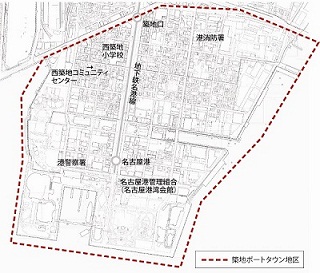地図：築地ポートタウン地区の範囲(築地口交差点とガーデンふ頭岸壁及び、堀川と中川運河で囲まれた範囲)