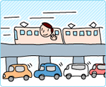 渋滞する車と公共交通で移動する人のイラスト
