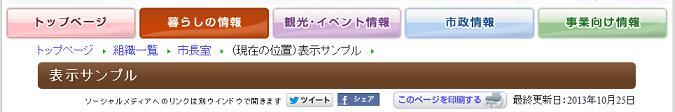 画面:市公式ウェブサイト表示サンプル ページ冒頭、記事タイトルのすぐ下にSNSボタンが設置されています
