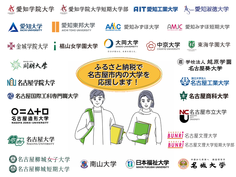 イラスト:対象大学のロゴと大学生