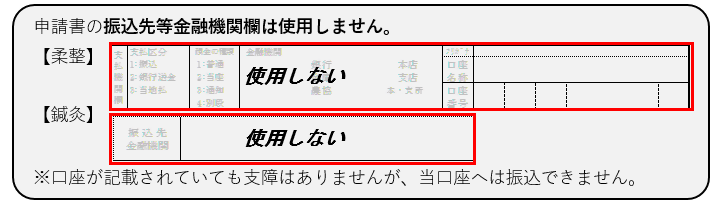 写真:申請書の振込先金融機関欄は使用しません。口座が記載されていても支障ありませんが、当口座へは振込できません。