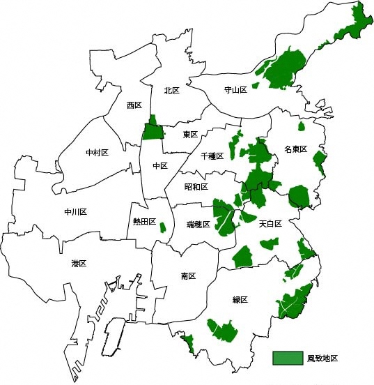 地図：風致地区は、東部丘陵地を中心に、約3000ヘクタールの区域を指定しています。
