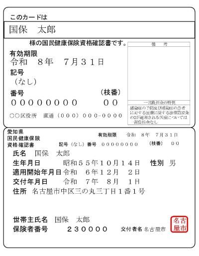 写真：開いた状態の資格確認書の見本。