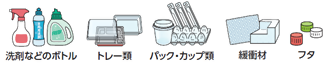 イラスト：洗剤などのボトル、トレー類、パック・カップ類、緩衝材、フタ