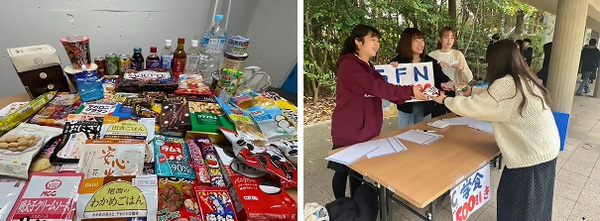 写真：寄付の様子と集まった食品です。南山大学　SFN