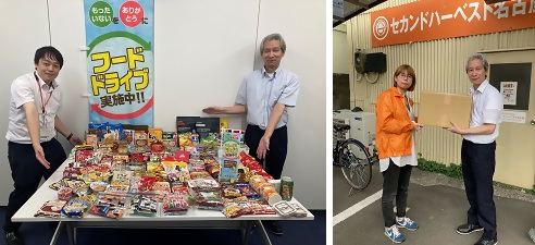 写真：寄付の様子と集まった食品です。株式会社トヨタシステムズ