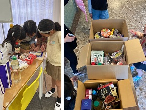 写真：集まった食品と寄付の様子です。株式会社モノリス　シーガルスクール