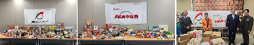 写真：寄付の様子と集まった食品です。AIRオートクラブ名古屋支部、JSA中核会名古屋支部