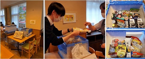 寄付の様子と集まった食品の写真